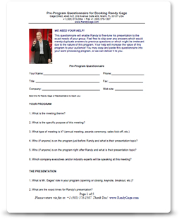 Randy Gage Pre-Event Questionnaire
